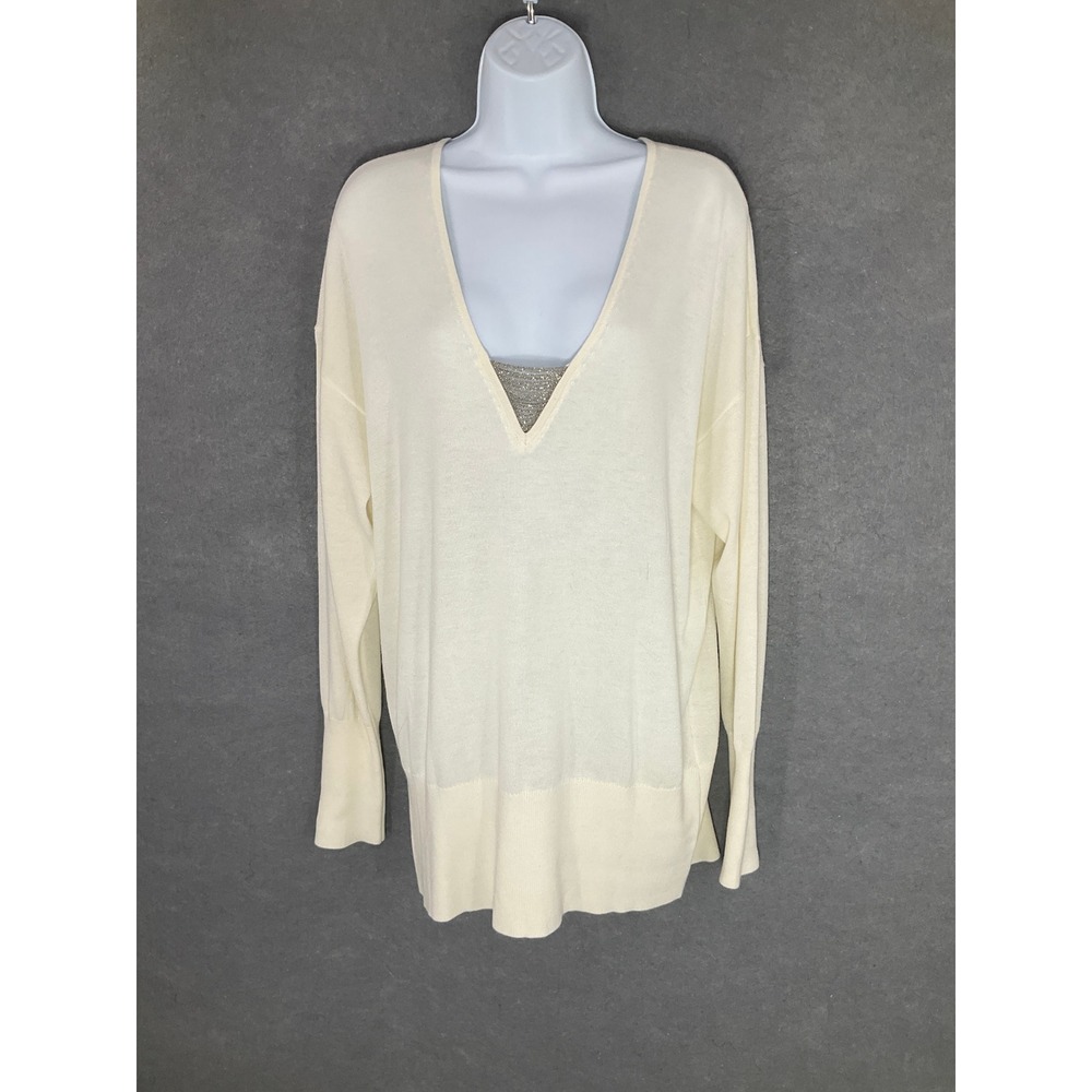 WHBM Sweater Ivory‎ V-Neck Wool Blend Sparkle Metallic Chain Accent Sz L
